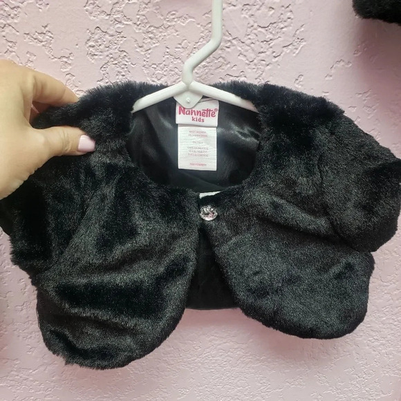 Nanette Kids Black Faux Fur Shrug with Rhinestone Button - Picture 1 of 6